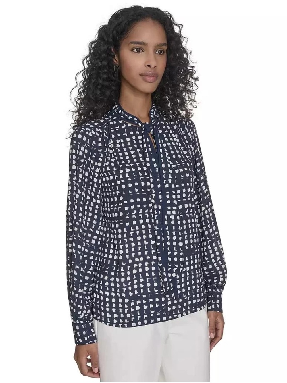 Calvin Klein Women’s Petite Printed Long Sleeve Tie-Neck Blouse